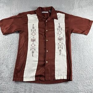 Monte Carlo Guayabera Bowling Shirt Mens Medium Brown Ivory Button Up Embroidery
